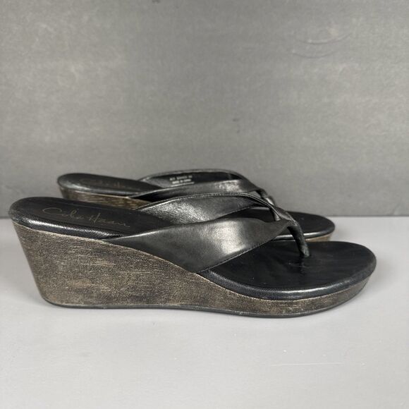 Cole‎ Haan Wedge Thong Sandals NikeAir Black Leather Womens Size 8 B - Picture 1 of 13
